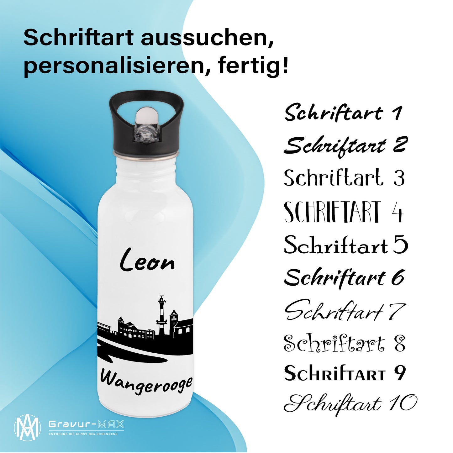 Trinkflasche in Weiß 600ml aus Edelstahl bedruckt mit der Skyline von Wangerooge personalisierbar mit Wunschname