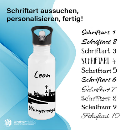 Trinkflasche in Weiß 600ml aus Edelstahl bedruckt mit der Skyline von Wangerooge personalisierbar mit Wunschname