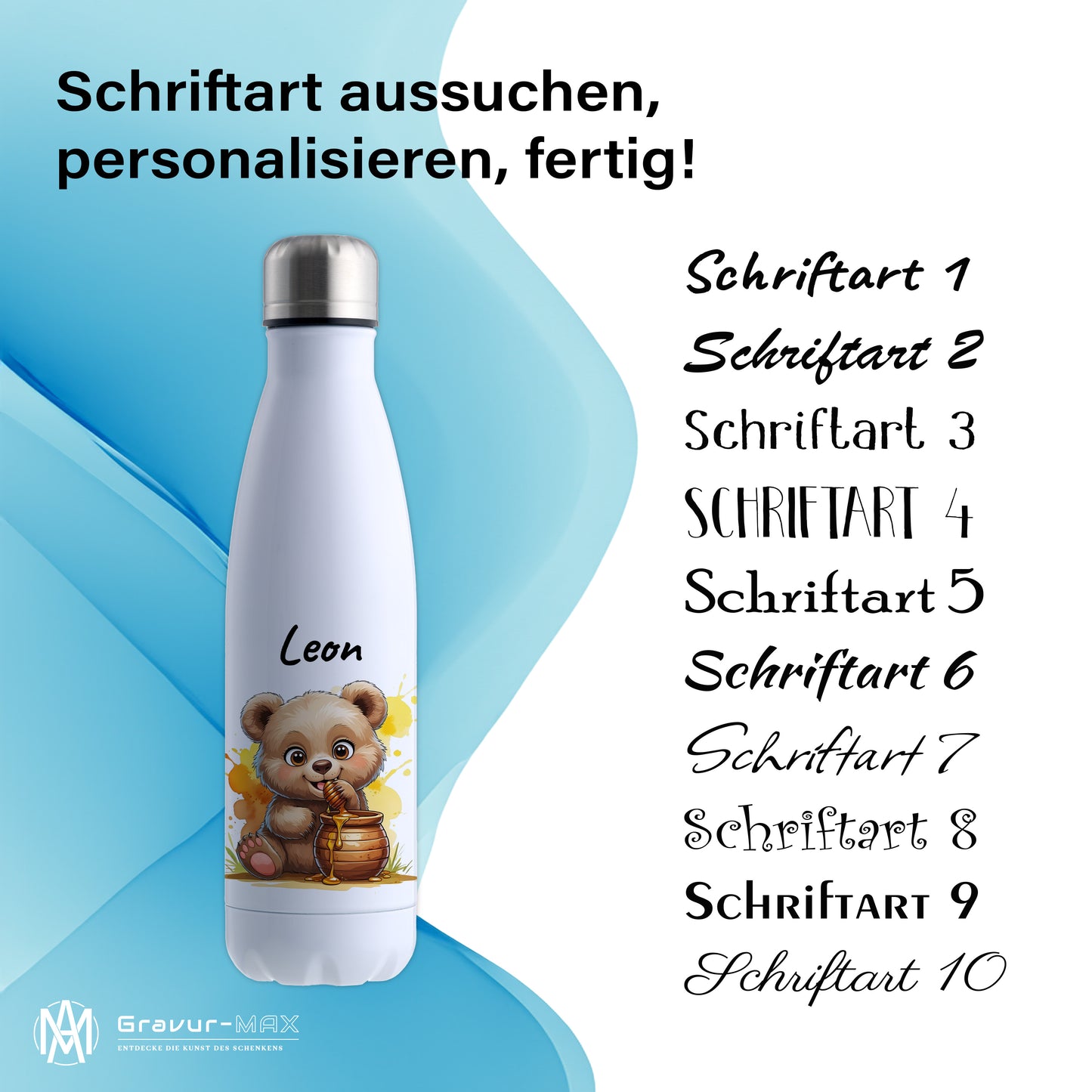 Trinkflasche in Weiß 500ml aus Edelstahl bedruckt mit niedlichen Tieren "Bär" personalisierbar für Kinder mit Wunschname