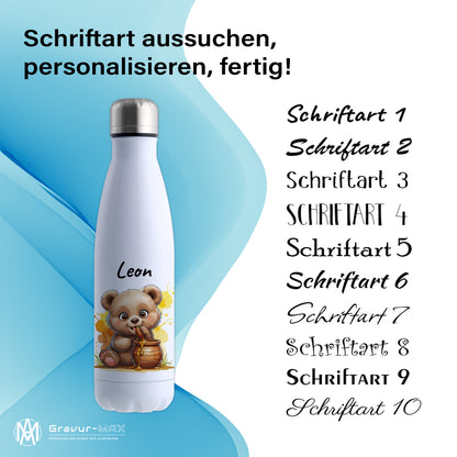 Trinkflasche in Weiß 500ml aus Edelstahl bedruckt mit niedlichen Tieren "Bär" personalisierbar für Kinder mit Wunschname