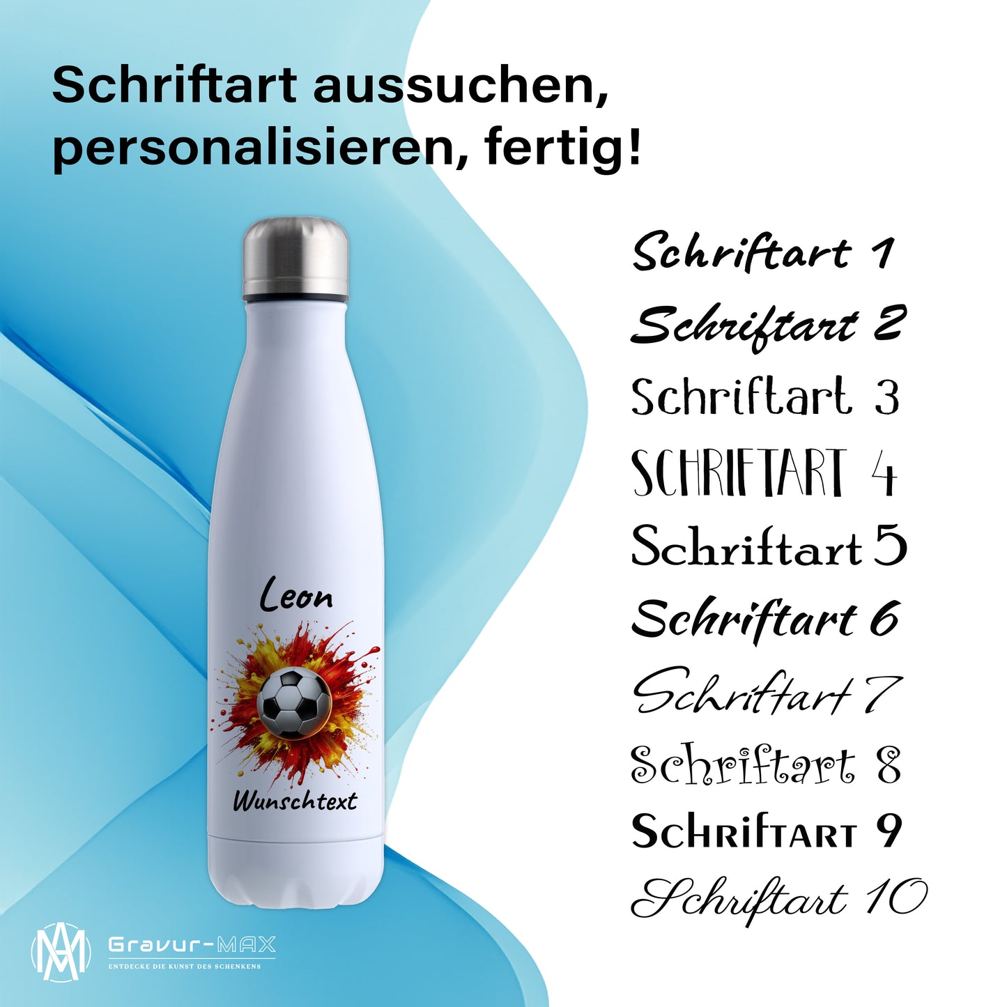 Thermoflasche 500ml in Weiß aus Edelstahl bedruckt "Fußball" Motiv9 personalisierbar mit Wunschname & Text