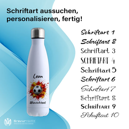 Thermoflasche 500ml in Weiß aus Edelstahl bedruckt "Fußball" Motiv9 personalisierbar mit Wunschname & Text