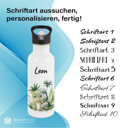 Trinkflasche mit Strohhalm in Weiß 600ml bedruckt mit Dschungel Tieren"Krokodil" personalisierbar für Kinder mit Wunschname aus Edelstahl