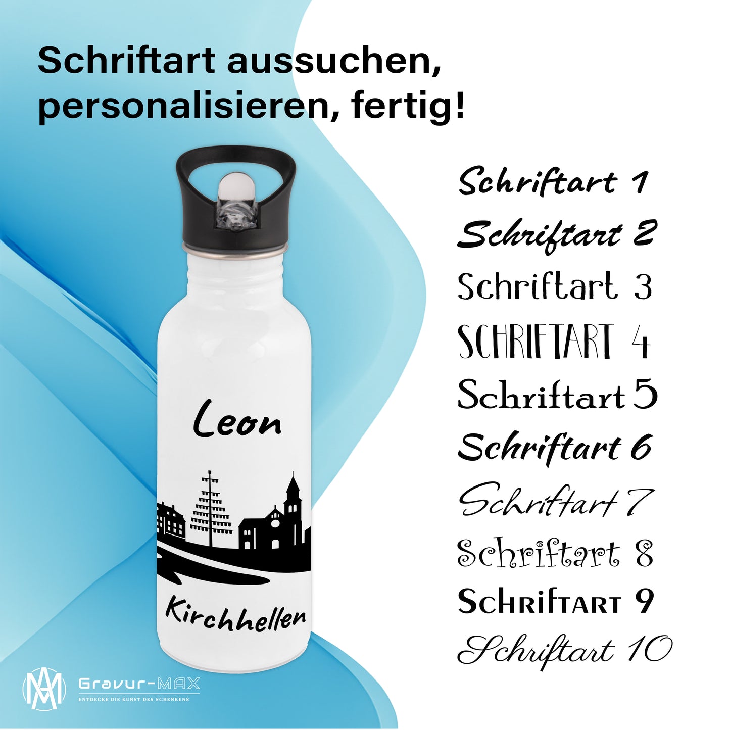 Trinkflasche in Weiß 600ml aus Edelstahl bedruckt mit der Skyline von Kirchhellen personalisierbar mit Wunschname