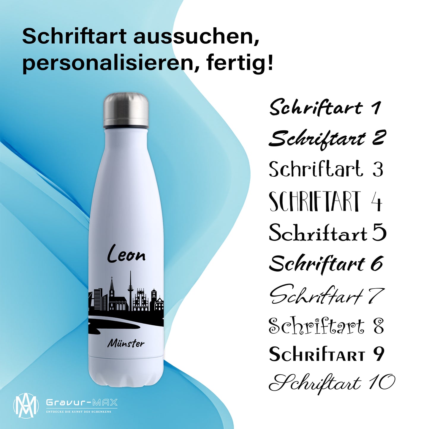 Trinkflasche in Weiß 500ml aus Edelstahl bedruckt mit der Skyline von Münster personalisierbar mit Wunschname