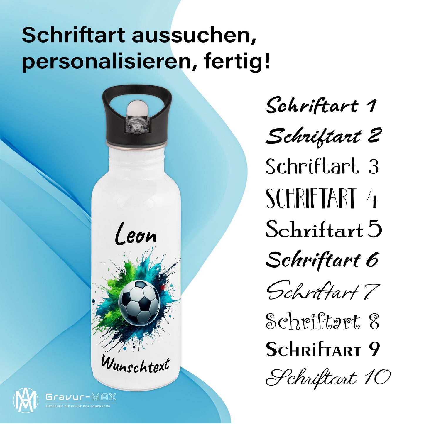 Trinkflasche mit Strohhalm in Weiß 600ml bedruckt mit Fußball Motiven"Motiv8" personalisierbar für Kinder mit Wunschname aus Edelstahl