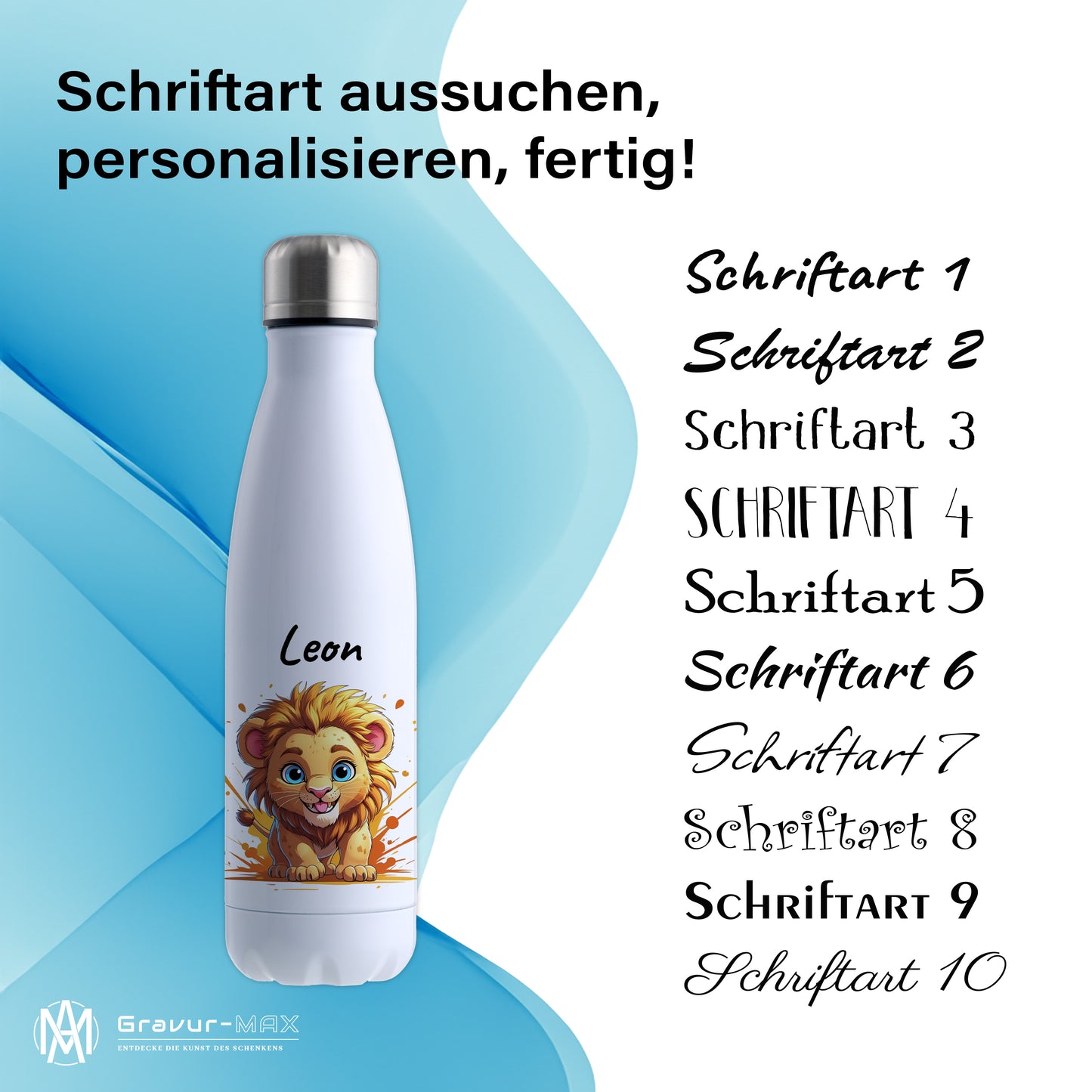 Trinkflasche in Weiß 500ml aus Edelstahl bedruckt mit niedlichen Tieren "Löwe" personalisierbar für Kinder mit Wunschname