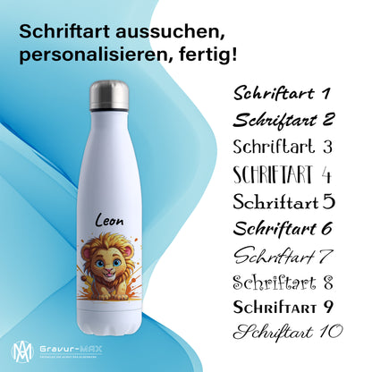 Trinkflasche in Weiß 500ml aus Edelstahl bedruckt mit niedlichen Tieren "Löwe" personalisierbar für Kinder mit Wunschname