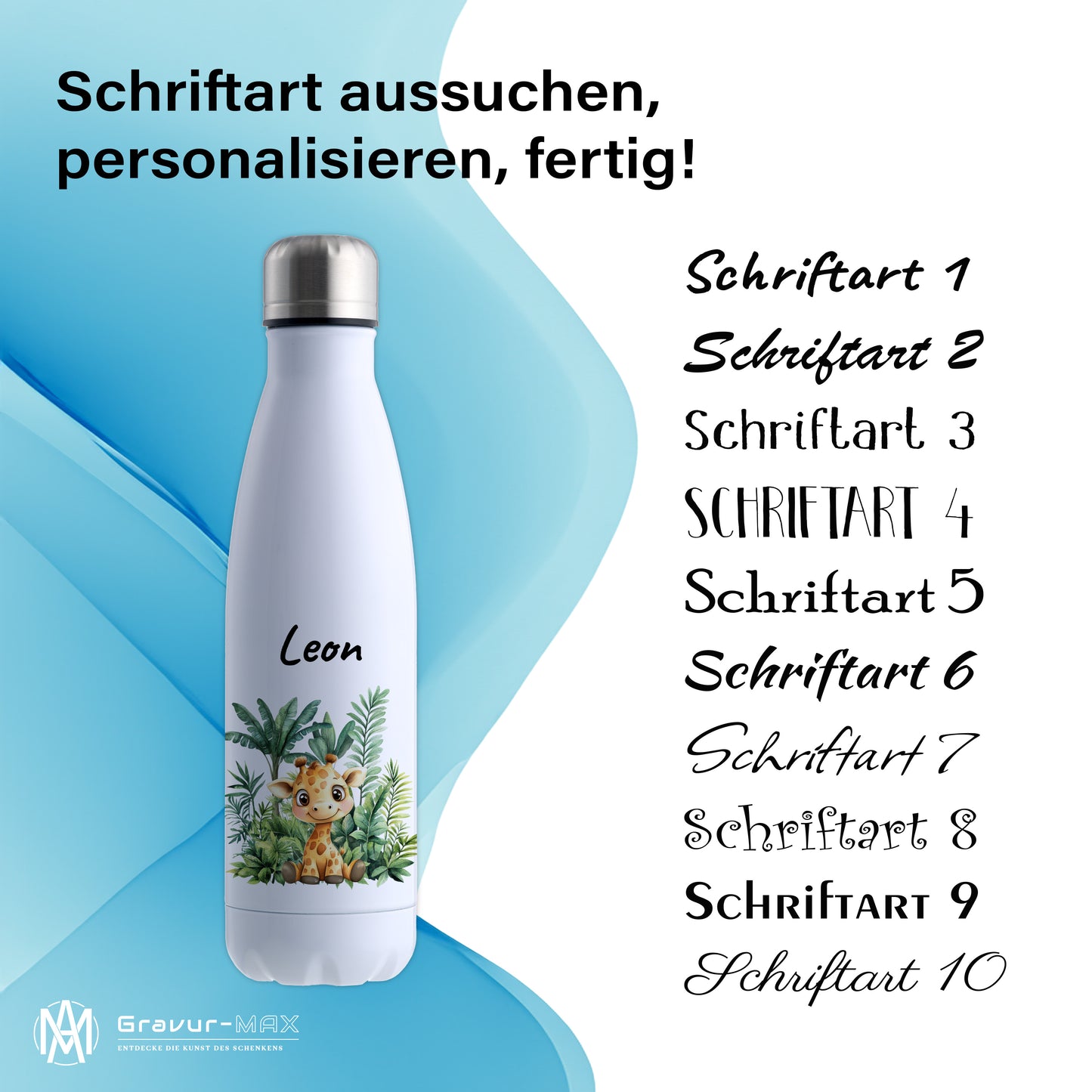 Trinkflasche in Weiß 500ml aus Edelstahl bedruckt mit Dschungel Tieren"Giraffe" personalisierbar für Kinder mit Wunschname