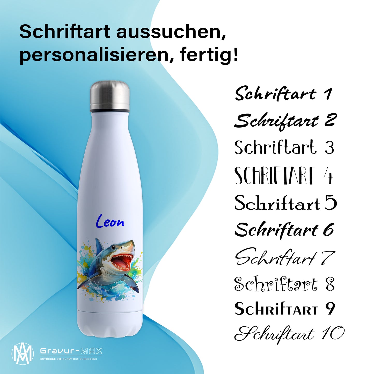Thermoflasche 500ml in Weiß bedruckt mit tollen Motiven für Kinder "Hai" personalisierbar mit Wunschname