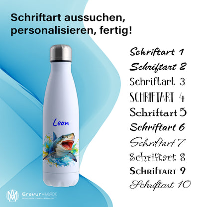 Thermoflasche 500ml in Weiß bedruckt mit tollen Motiven für Kinder "Hai" personalisierbar mit Wunschname