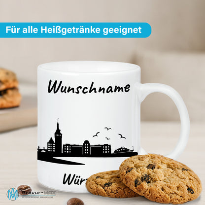 Tasse in Weiß 330ml bedruckt mit der Skyline von Würzburg personalisierbar mit Wunschname