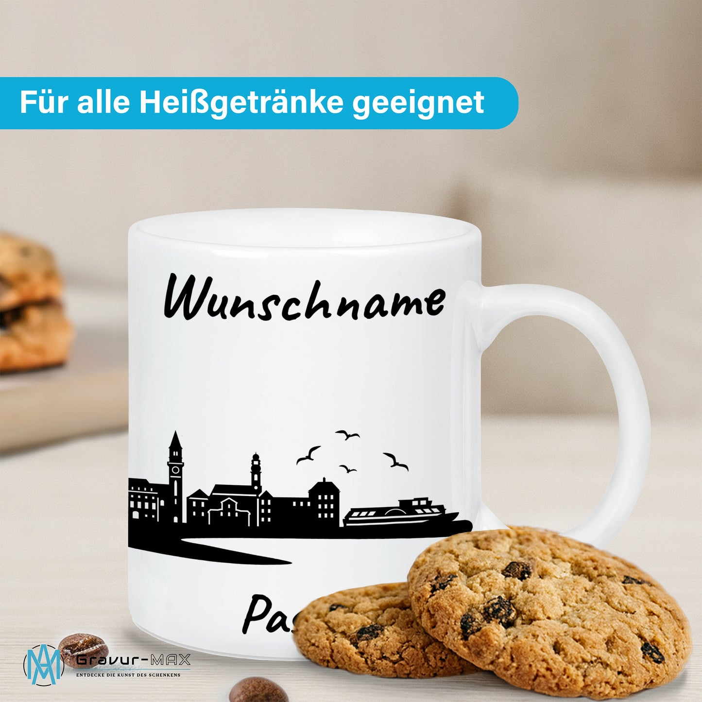 Tasse in Weiß 330ml bedruckt mit der Skyline von Passau personalisierbar mit Wunschname