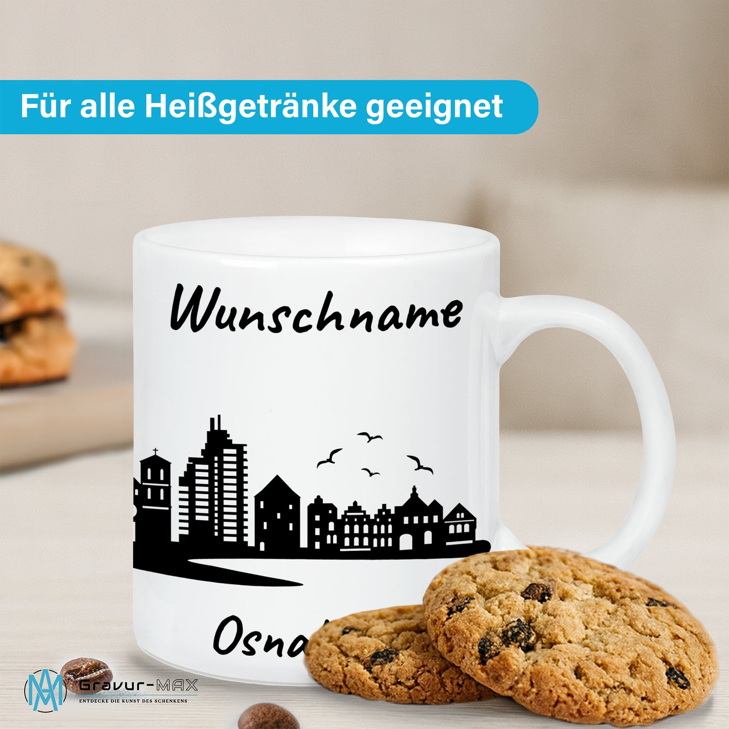 Tasse in Weiß 330ml bedruckt mit der Skyline von Osnabrück personalisierbar mit Wunschname