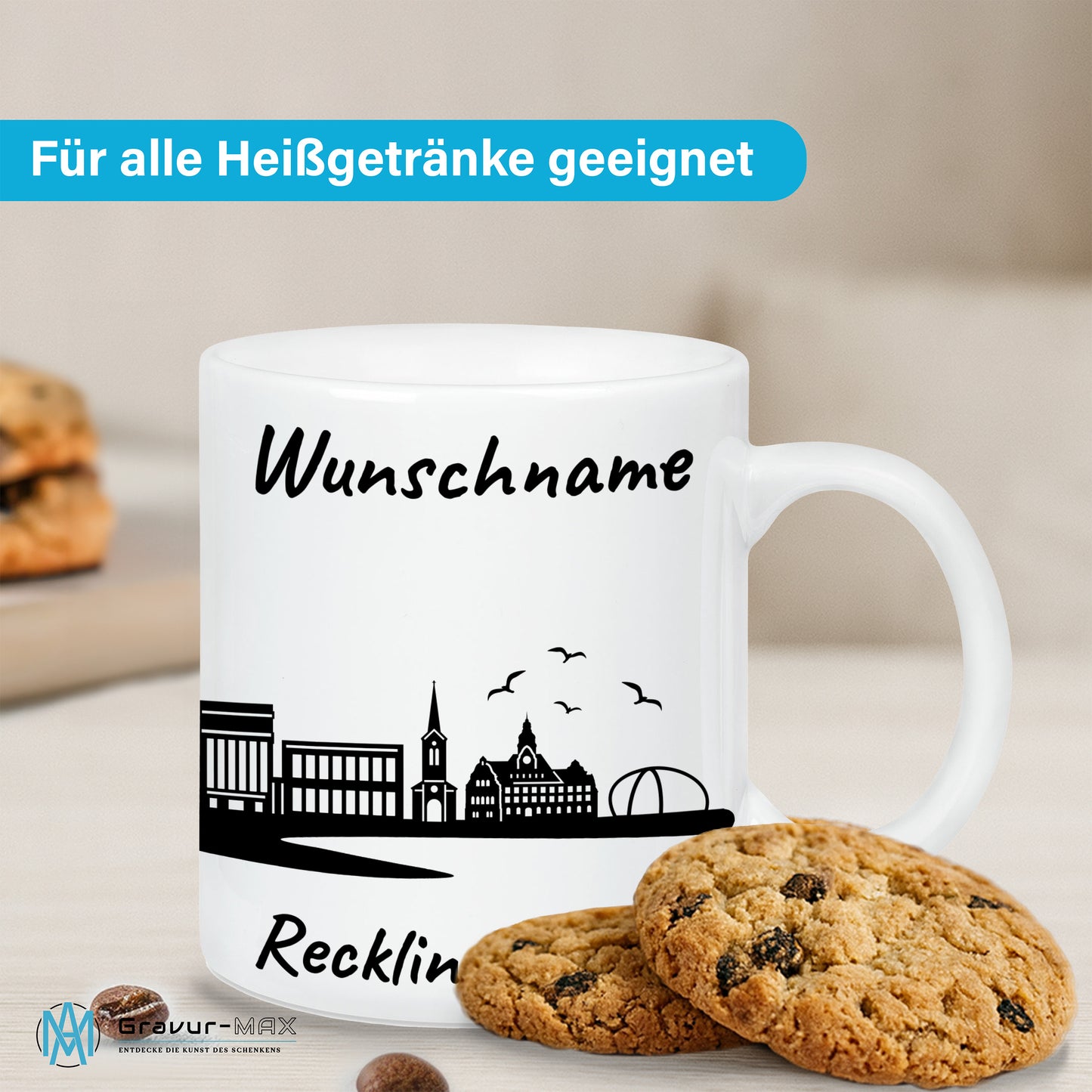 Tasse in Weiß 330ml bedruckt mit der Skyline von Recklinghausen personalisierbar mit Wunschname
