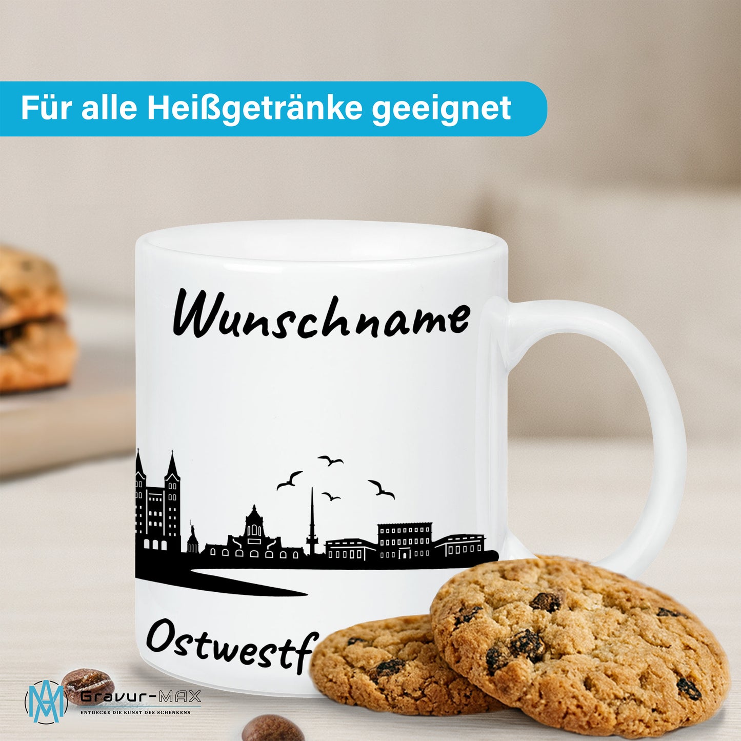 Tasse in Weiß 330ml bedruckt mit der Skyline von Ostwestfalen-Lippe personalisierbar mit Wunschname