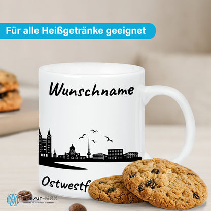 Tasse in Weiß 330ml bedruckt mit der Skyline von Ostwestfalen-Lippe personalisierbar mit Wunschname