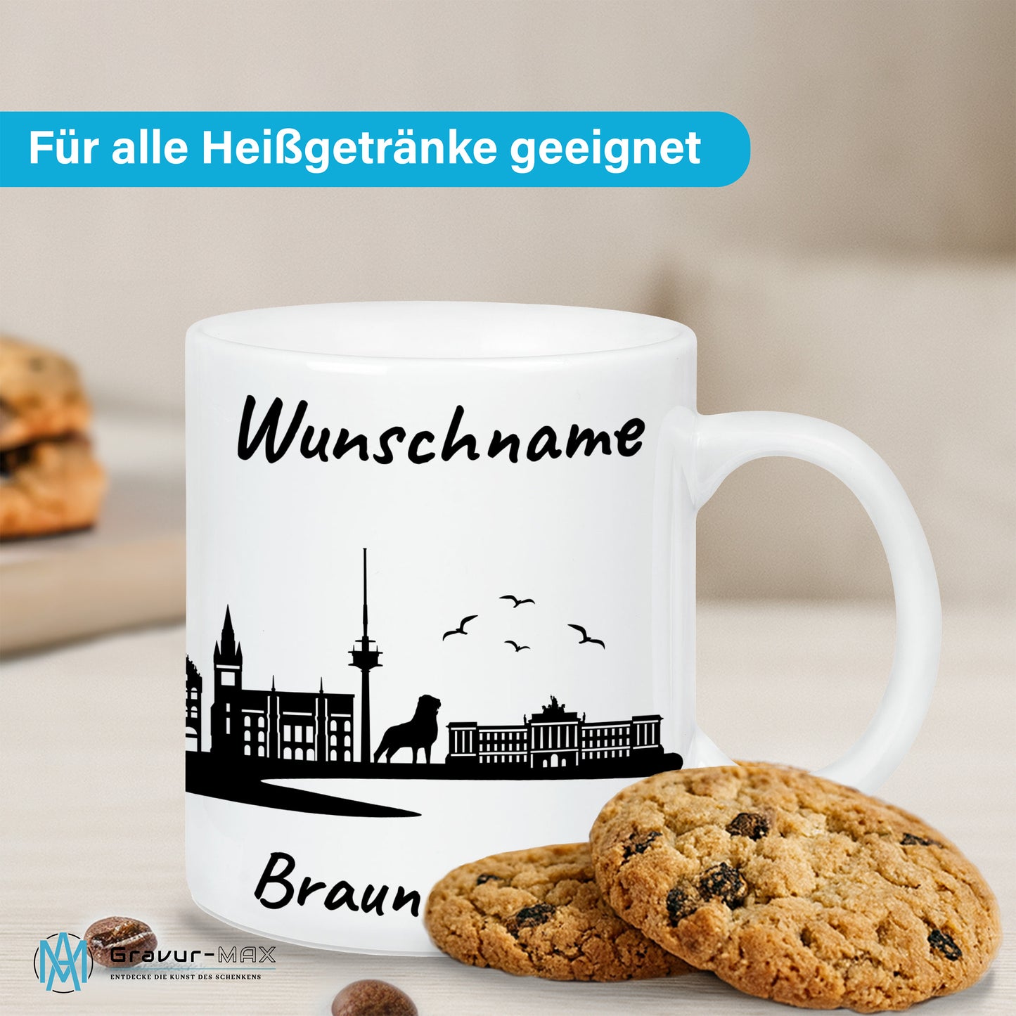 Tasse in Weiß 330ml bedruckt mit der Skyline von Braunschweig personalisierbar mit Wunschname
