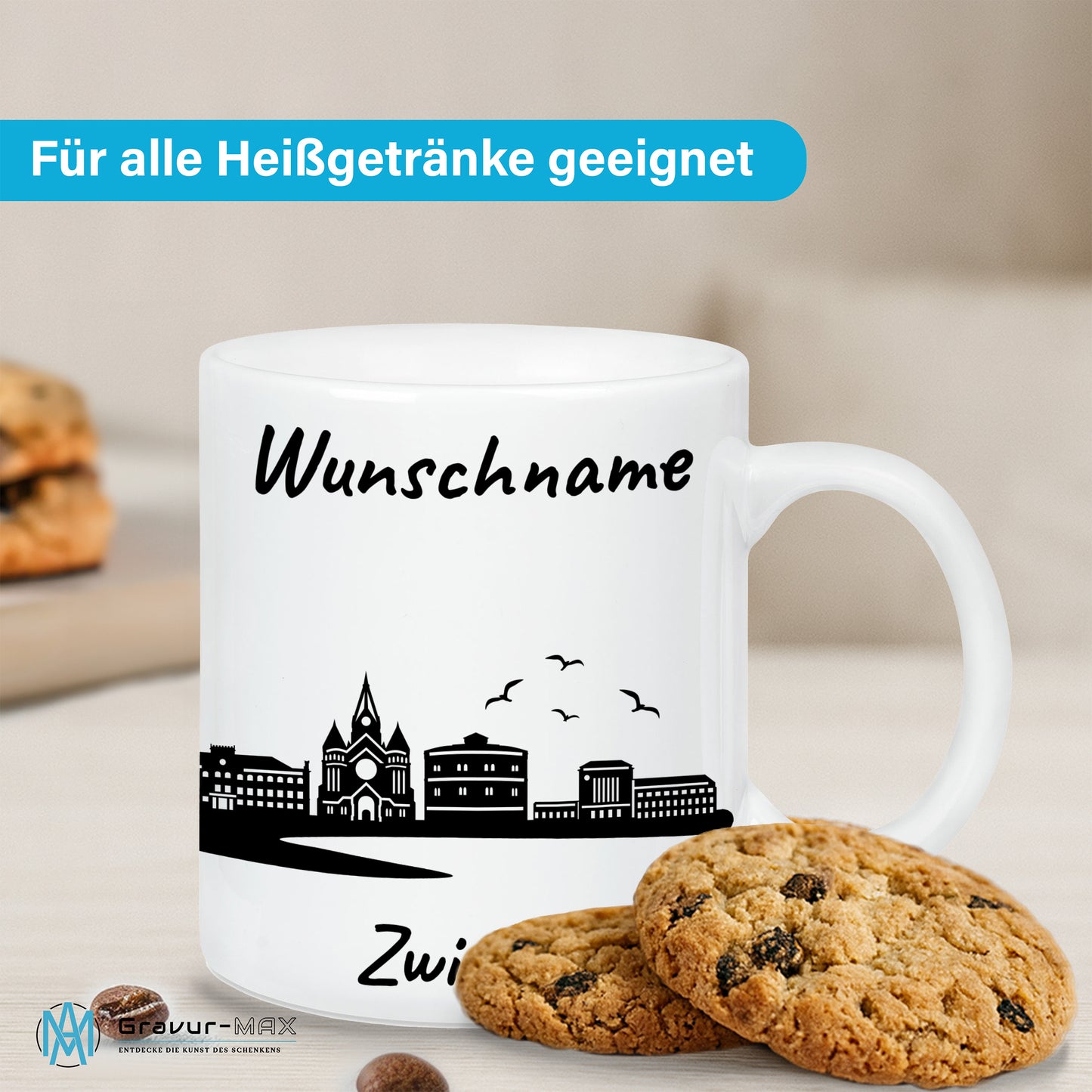 Tasse in Weiß 330ml bedruckt mit der Skyline von Zwickau personalisierbar mit Wunschname