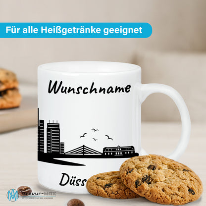 Tasse in Weiß 330ml bedruckt mit der Skyline von Düsseldorf personalisierbar mit Wunschname