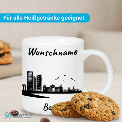Tasse in Weiß 330ml bedruckt mit der Skyline von Berlin personalisierbar mit Wunschname