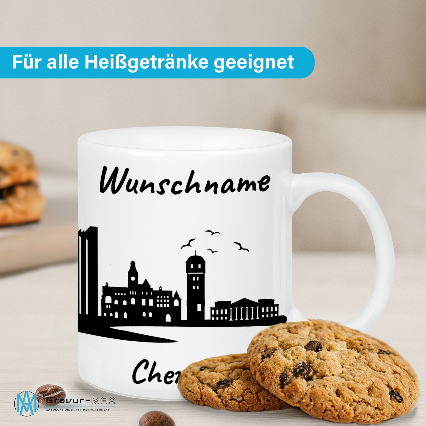 Tasse in Weiß 330ml bedruckt mit der Skyline von Chemnitz personalisierbar mit Wunschname