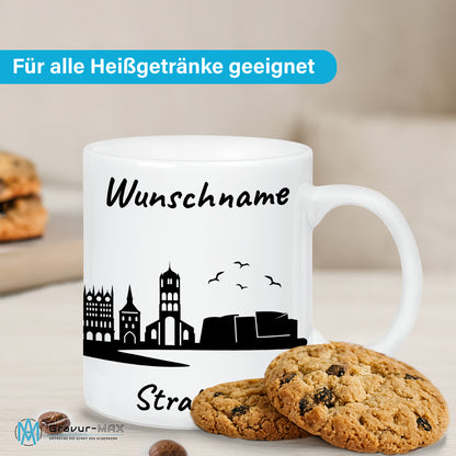 Tasse in Weiß 330ml bedruckt mit der Skyline von Stralsund personalisierbar mit Wunschname