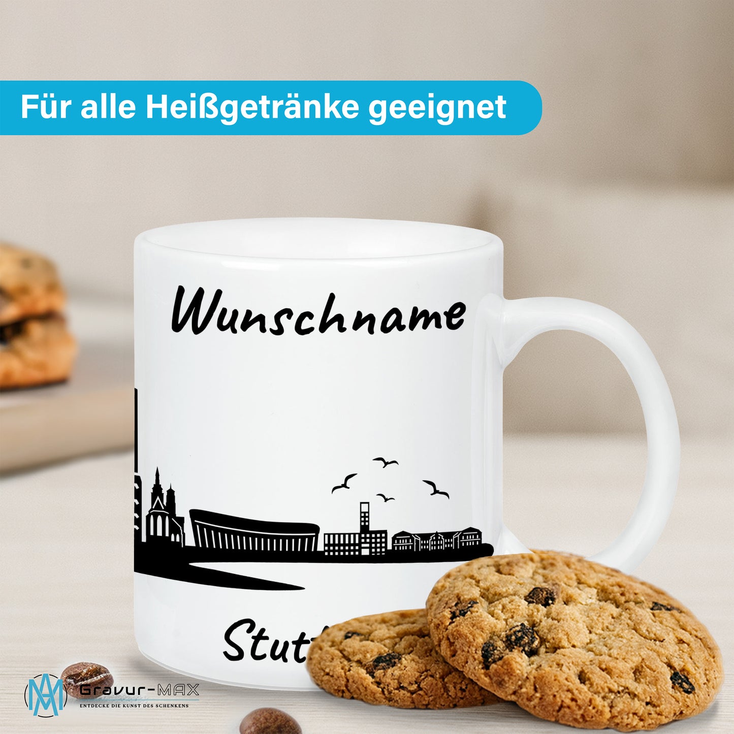 Tasse in Weiß 330ml bedruckt mit der Skyline von Stuttgart personalisierbar mit Wunschname