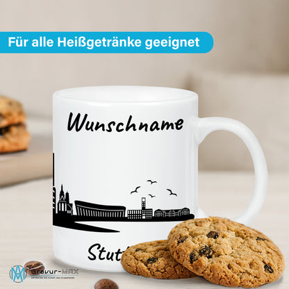 Tasse in Weiß 330ml bedruckt mit der Skyline von Stuttgart personalisierbar mit Wunschname