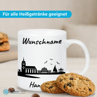 Tasse in Weiß 330ml bedruckt mit der Skyline von Hannover personalisierbar mit Wunschname