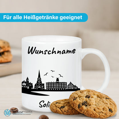 Tasse in Weiß 330ml bedruckt mit der Skyline von Solingen personalisierbar mit Wunschname