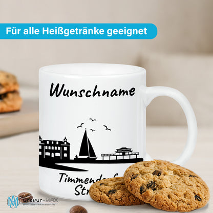 Tasse in Weiß 330ml bedruckt mit der Skyline von Timmendorfer Strand personalisierbar mit Wunschname