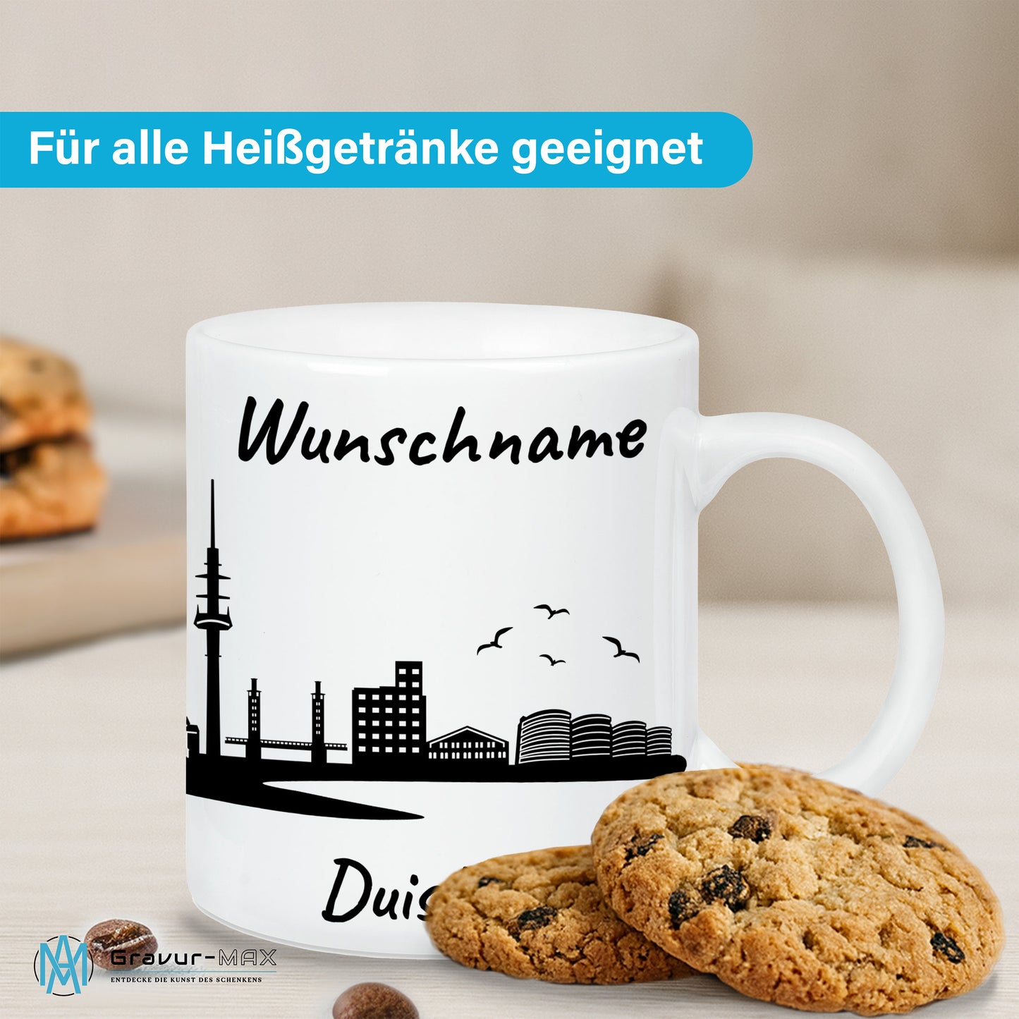 Tasse in Weiß 330ml bedruckt mit der Skyline von Duisburg personalisierbar mit Wunschname