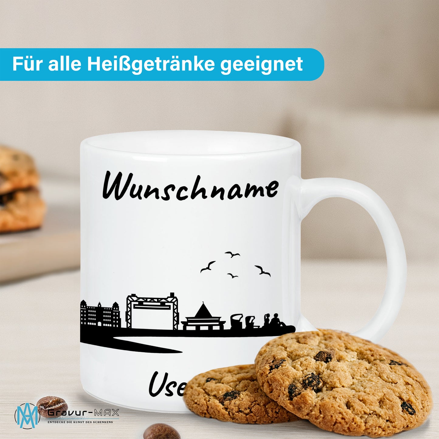 Tasse in Weiß 330ml bedruckt mit der Skyline von Usedom personalisierbar mit Wunschname