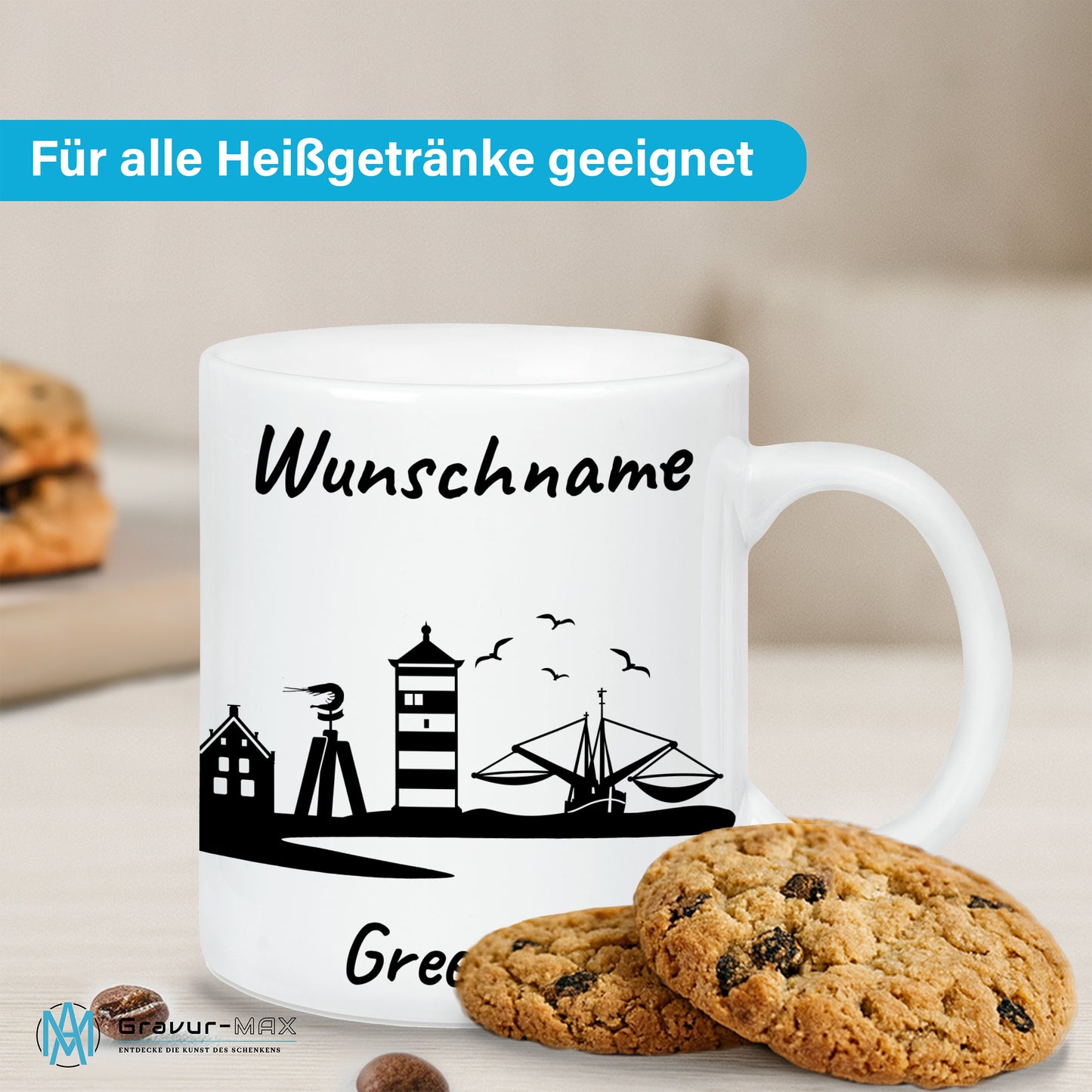 Tasse in Weiß 330ml bedruckt mit der Skyline von Greetsiel personalisierbar mit Wunschname