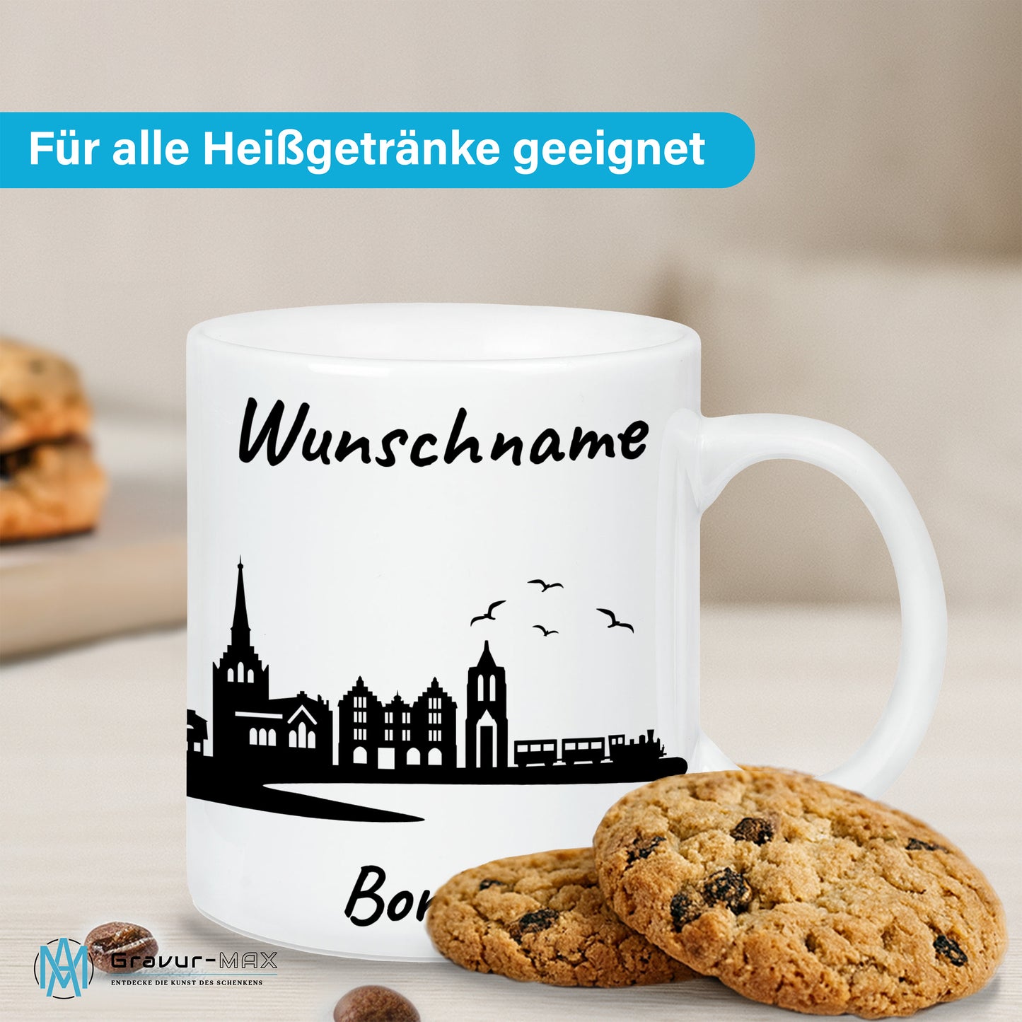 Tasse in Weiß 330ml bedruckt mit der Skyline von Borkum personalisierbar mit Wunschname
