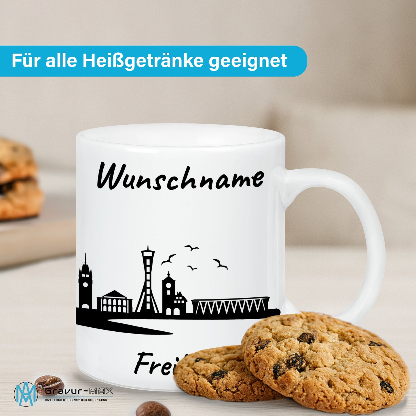 Tasse in Weiß 330ml bedruckt mit der Skyline von Freiburg personalisierbar mit Wunschname