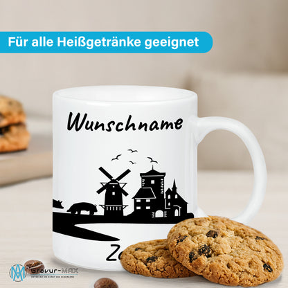 Tasse in Weiß 330ml bedruckt mit der Skyline von Zons (Dormagen) personalisierbar mit Wunschname