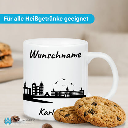 Tasse in Weiß 330ml bedruckt mit der Skyline von Karlsruhe personalisierbar mit Wunschname