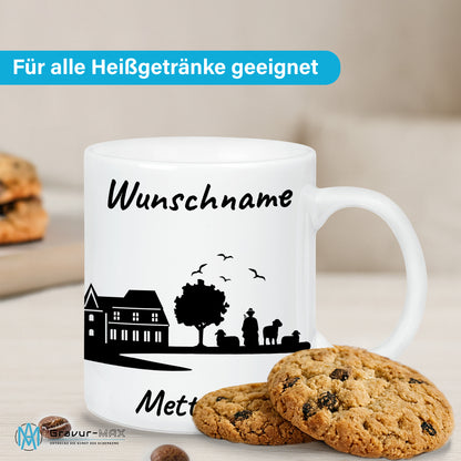 Tasse in Weiß 330ml bedruckt mit der Skyline von Mettmann personalisierbar mit Wunschname