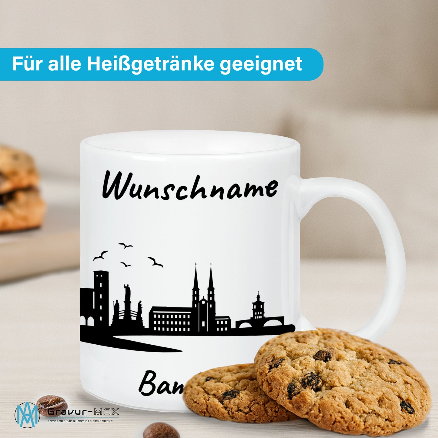 Tasse in Weiß 330ml bedruckt mit der Skyline von Bamberg personalisierbar mit Wunschname