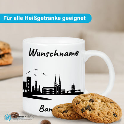 Tasse in Weiß 330ml bedruckt mit der Skyline von Bamberg personalisierbar mit Wunschname