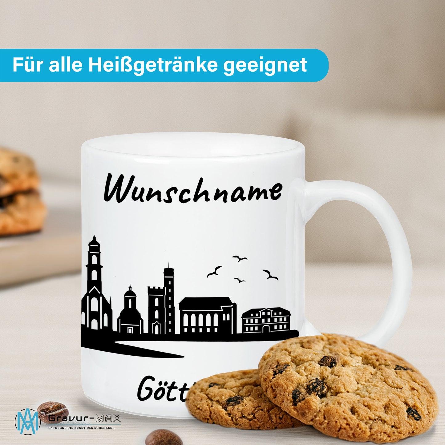 Tasse in Weiß 330ml bedruckt mit der Skyline von Göttingen personalisierbar mit Wunschname