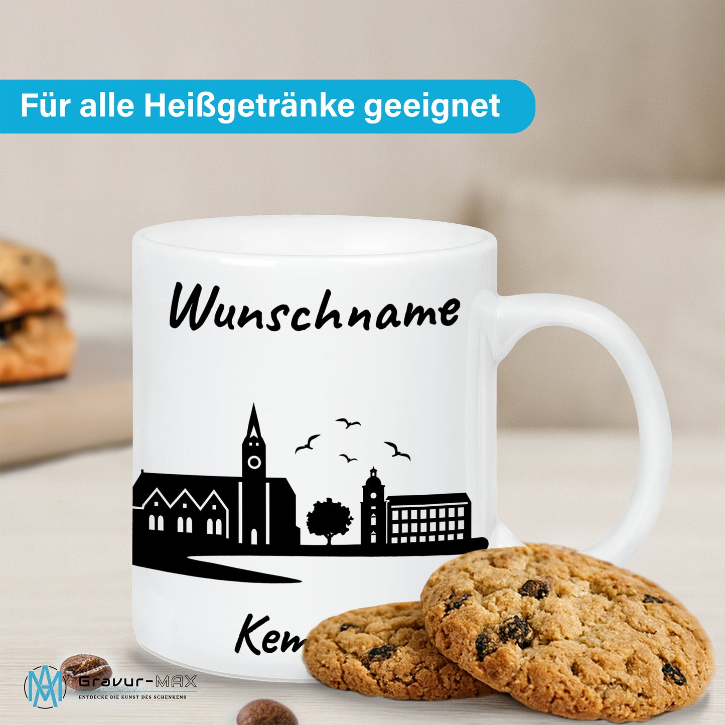 Tasse in Weiß 330ml bedruckt mit der Skyline von Kempten personalisierbar mit Wunschname
