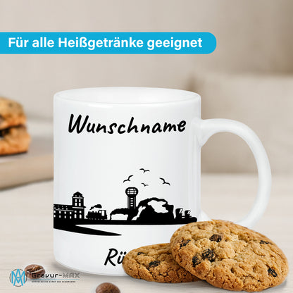 Tasse in Weiß 330ml bedruckt mit der Skyline von Rügen personalisierbar mit Wunschname
