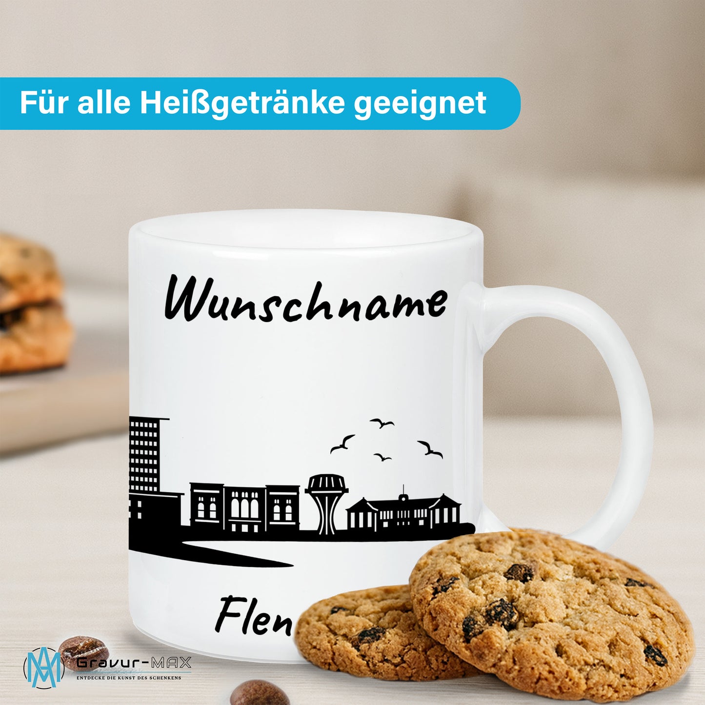 Tasse in Weiß 330ml bedruckt mit der Skyline von Flensburg personalisierbar mit Wunschname