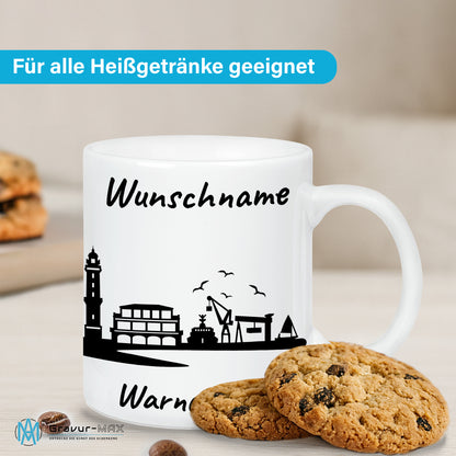 Tasse in Weiß 330ml bedruckt mit der Skyline von Warnemünde personalisierbar mit Wunschname