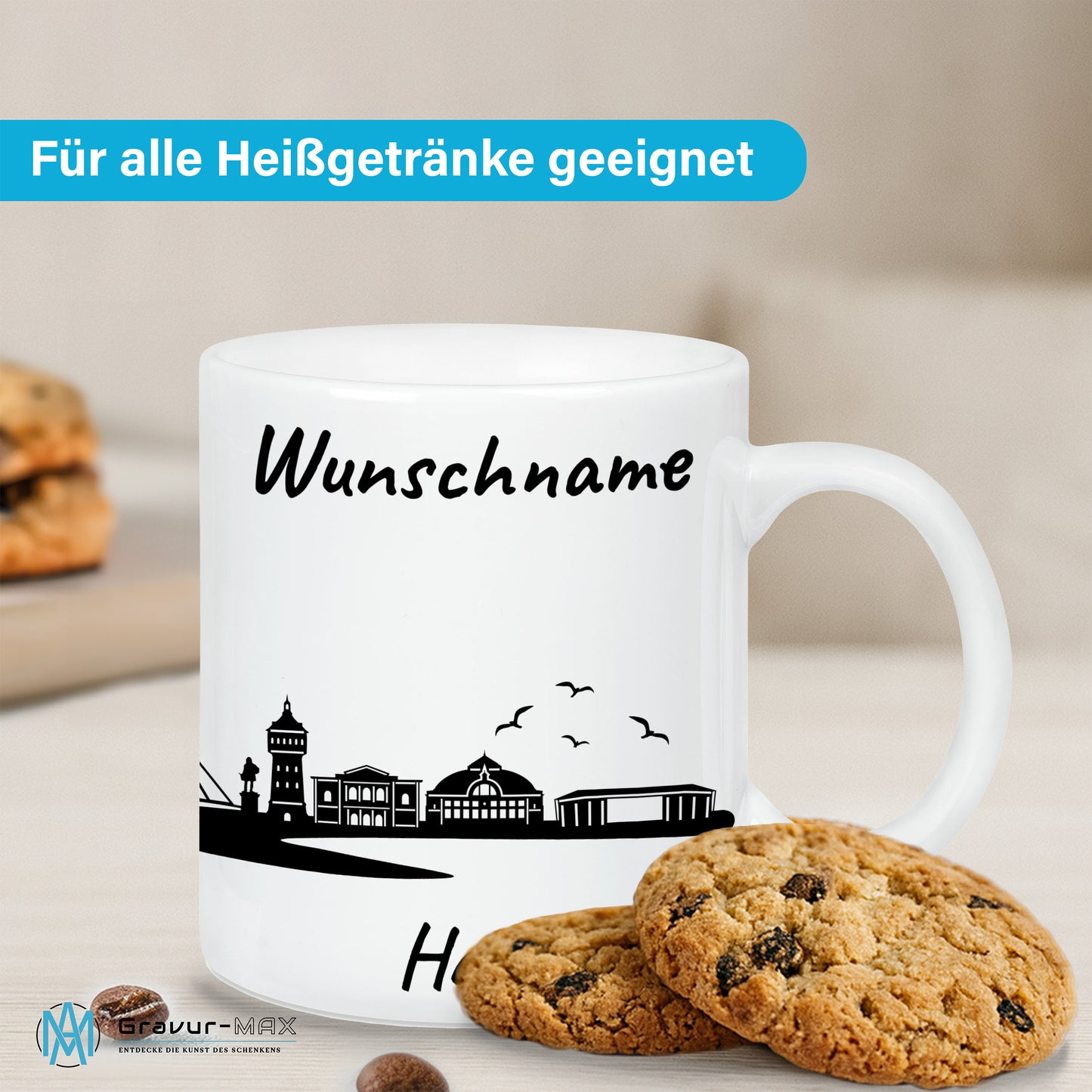 Tasse in Weiß 330ml bedruckt mit der Skyline von Halle personalisierbar mit Wunschname