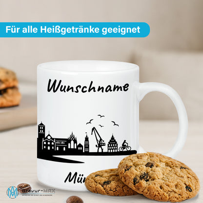 Tasse in Weiß 330ml bedruckt mit der Skyline von Münster personalisierbar mit Wunschname