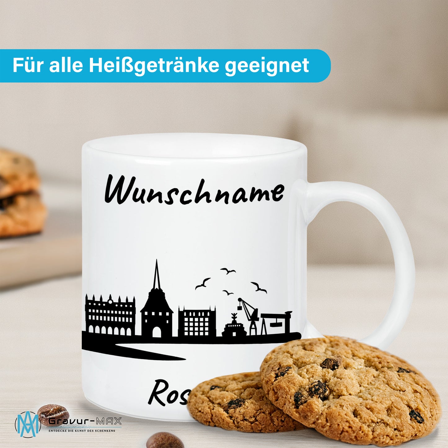 Tasse in Weiß 330ml bedruckt mit der Skyline von Rostock personalisierbar mit Wunschname